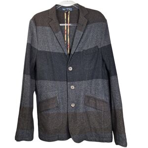 Desigual Mens Blazer Size Large XL Grey Striped Wool Blend Preppy Dark Academia